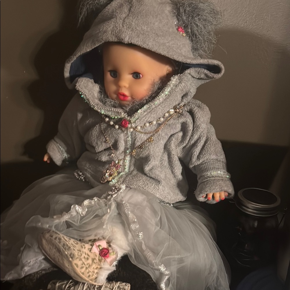 Cozy Gray and White Doll with Hooded Coat